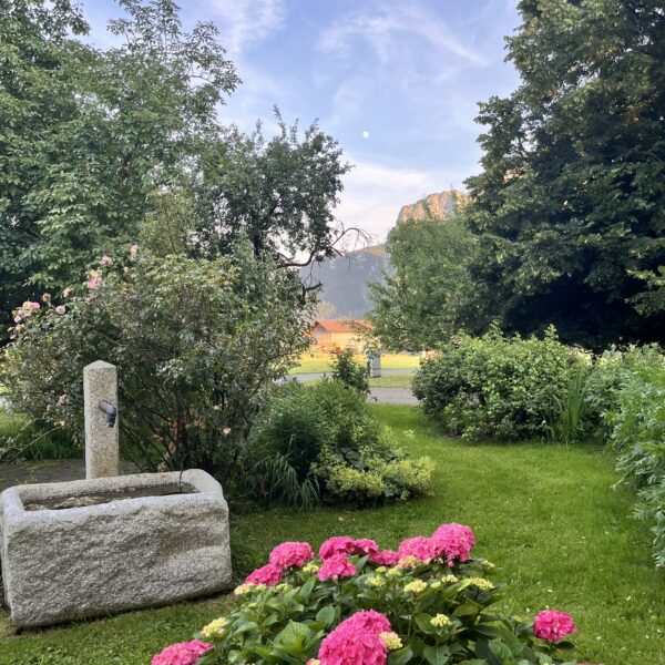 Bauerngarten und Blick auf die umliegenden Bergen